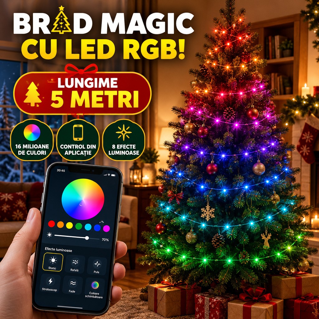 Instalație LED Smart RGB 5M pentru Brad cu Aplicație – BradMagic™